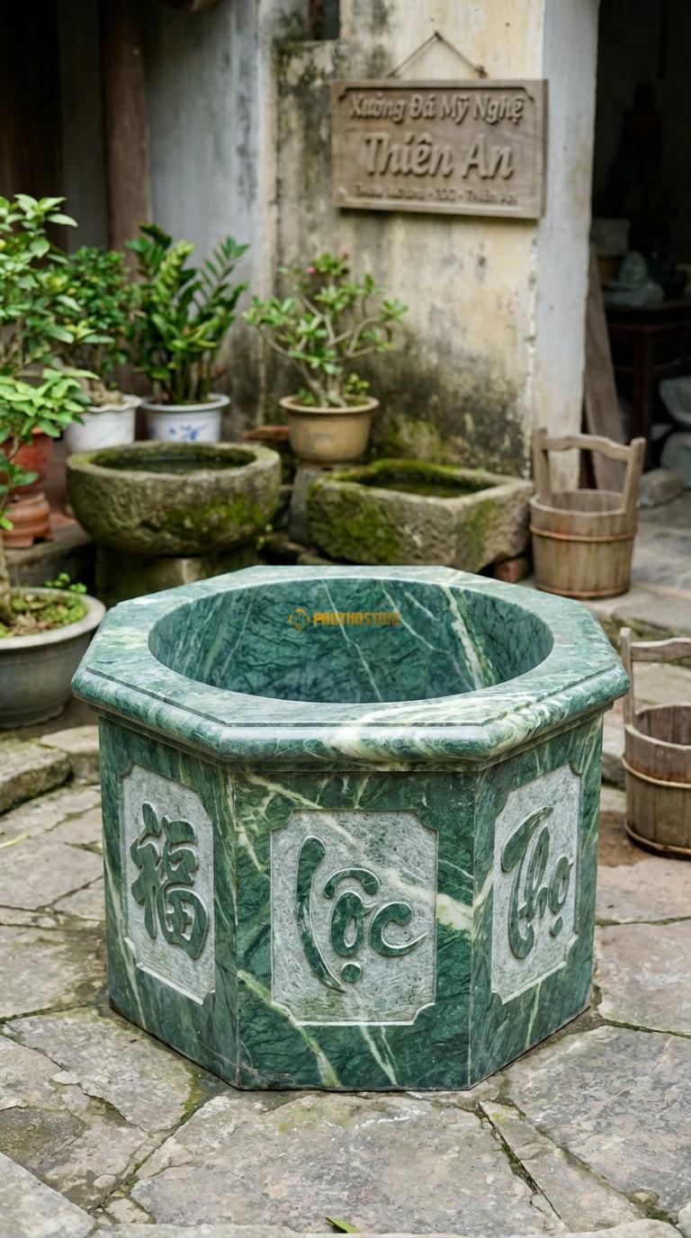 Giếng Lục Lăng Chữ Hán Đá Xanh Ấn Mỗi mặt khắc một chữ Hán (Phúc, Lộc, Thọ…), Kích thước đường kính 100cm x Cao 80cm