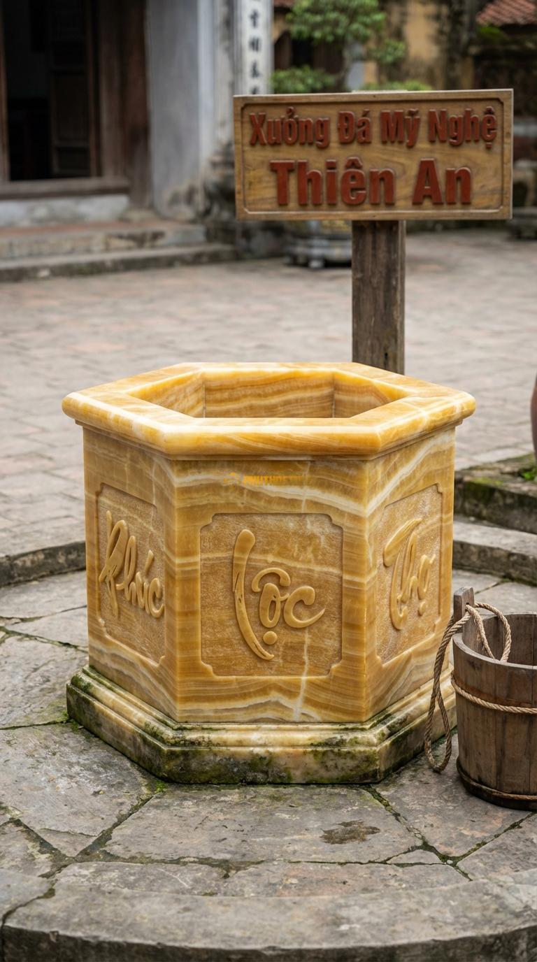 Giếng Lục Lăng Chữ Hán Ngọc hoàng long Mỗi mặt khắc một chữ Hán (Phúc, Lộc, Thọ…), Kích thước đường kính 100cm x Cao 80cm