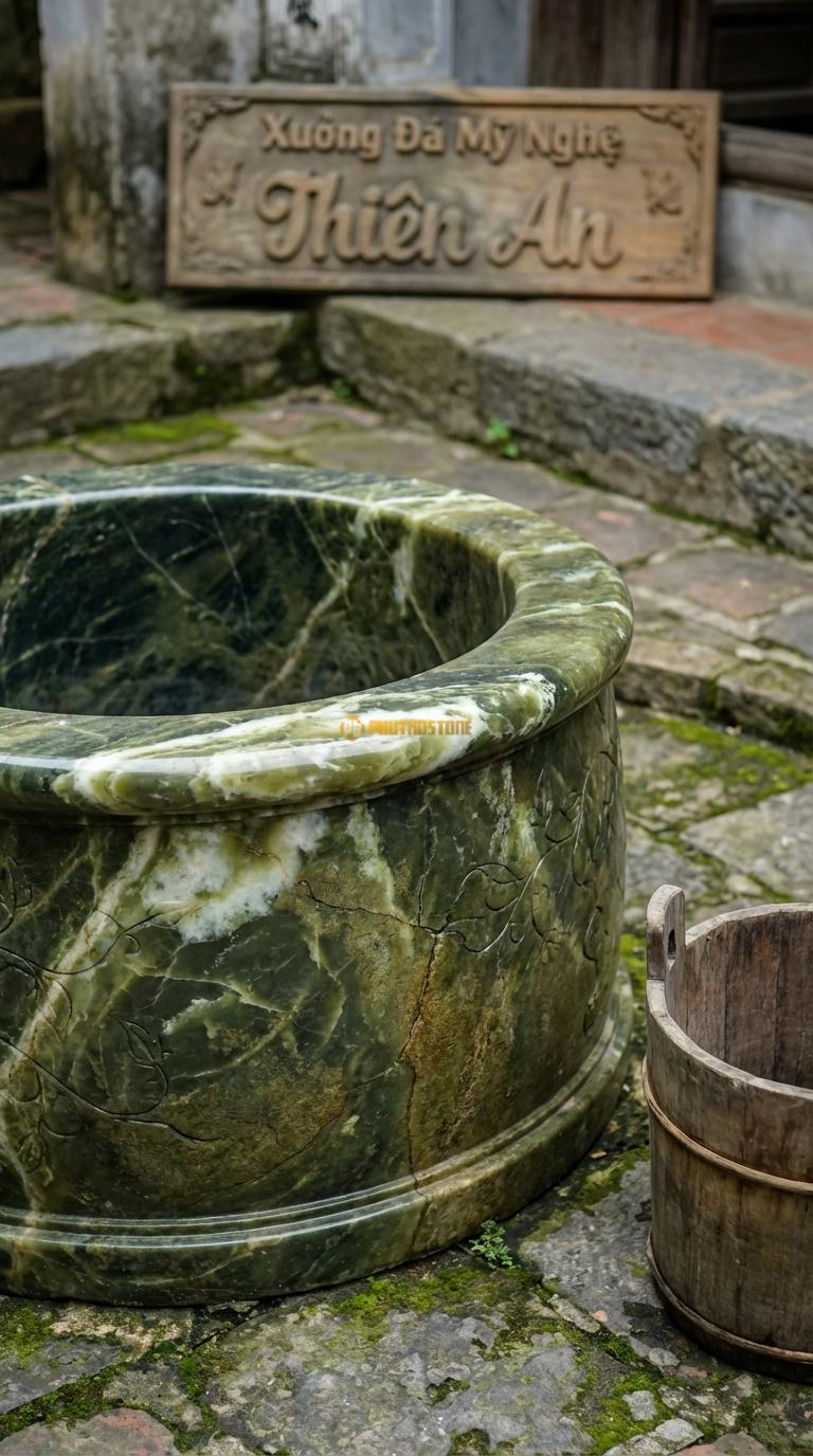 Giếng Tròn Giả Cổ Đá Serpentine Làm nứt vỡ nhân tạo, màu rêu phong, họa tiết dây leo mờ, Kích thước đường kính 80cm x Cao 50cm