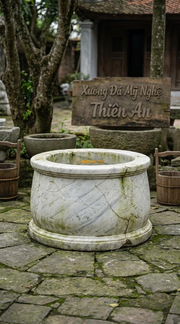 Giếng Tròn Giả Cổ Đá Trắng Yên Bái Làm nứt vỡ nhân tạo, màu rêu phong, họa tiết dây leo mờ, Kích thước đường kính 80cm x Cao 50cm