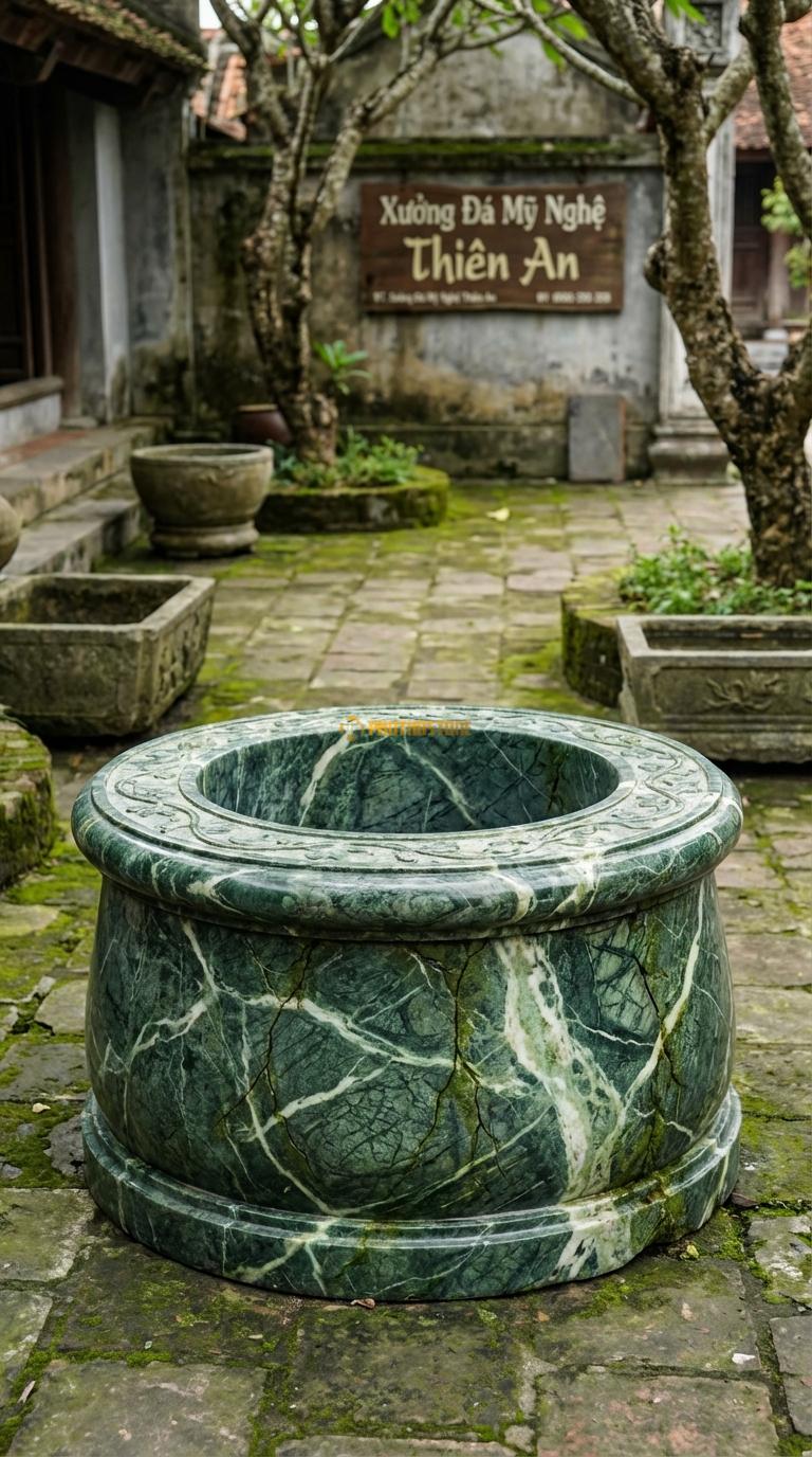 Giếng Tròn Giả Cổ Đá Xanh Ấn Làm nứt vỡ nhân tạo, màu rêu phong, họa tiết dây leo mờ, Kích thước đường kính 80cm x Cao 50cm
