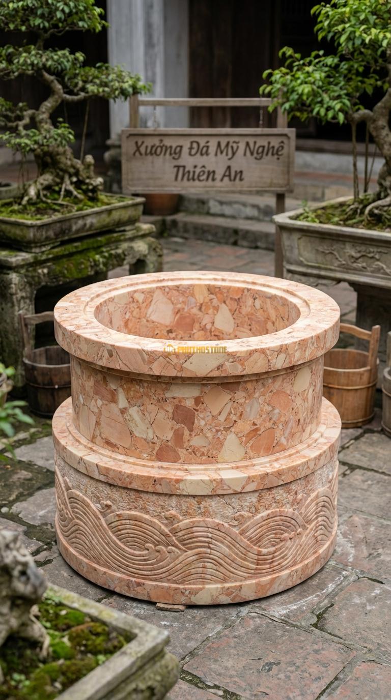 Giếng Tròn Hai Tầng Đá Hồng Giật cấp 2 tầng (cổ bồng), tầng dưới chạm sóng nước, Kích thước đường kính 130cm x Cao 110cm