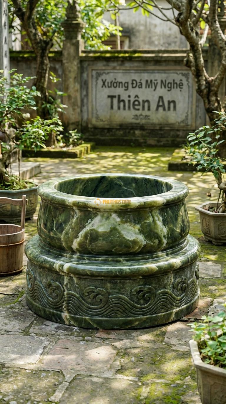 Giếng Tròn Hai Tầng Đá Serpentine Giật cấp 2 tầng (cổ bồng), tầng dưới chạm sóng nước, Kích thước đường kính 130cm x Cao 110cm