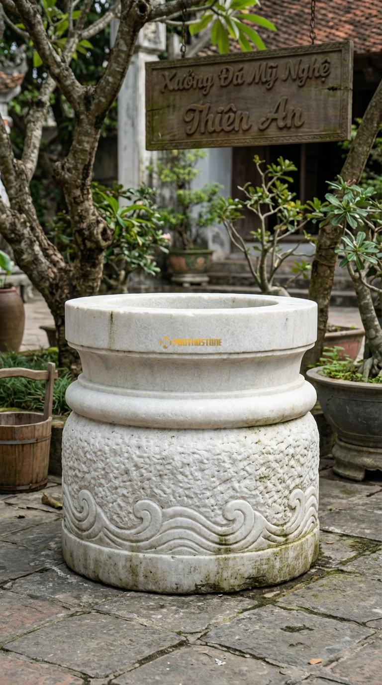 Giếng Tròn Hai Tầng Đá Trắng Muối Giật cấp 2 tầng (cổ bồng), tầng dưới chạm sóng nước, Kích thước đường kính 130cm x Cao 110cm