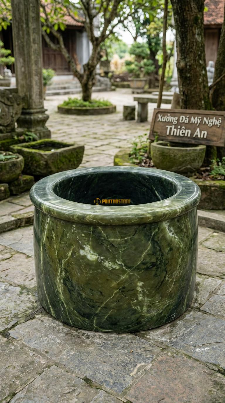 Giếng Tròn Trơn Bo Mép Đá Serpentine Mài trơn nhẵn (băm nhám hoặc mài mờ), bo tròn miệng, Kích thước đường kính 80cm x Cao 60cm