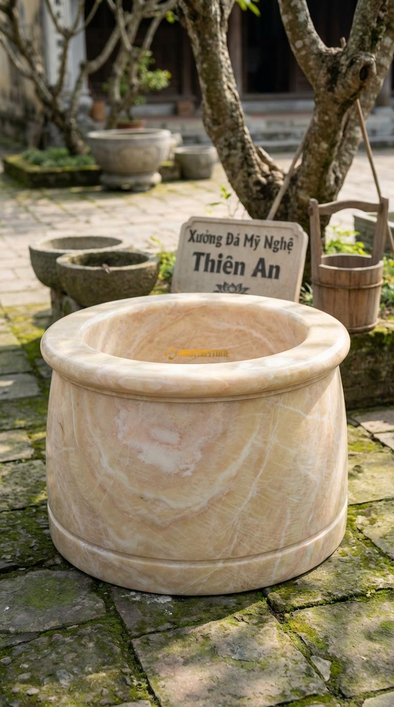 Giếng Tròn Trơn Bo Mép Đá Vàng Nghệ An Mài trơn nhẵn (băm nhám hoặc mài mờ), bo tròn miệng, Kích thước đường kính 80cm x Cao 60cm