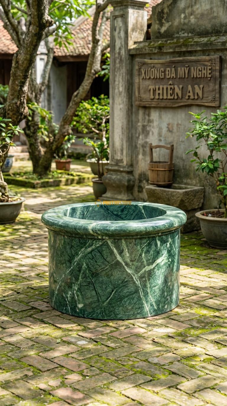 Giếng Tròn Trơn Bo Mép Đá Xanh Ấn Mài trơn nhẵn (băm nhám hoặc mài mờ), bo tròn miệng, Kích thước đường kính 80cm x Cao 60cm
