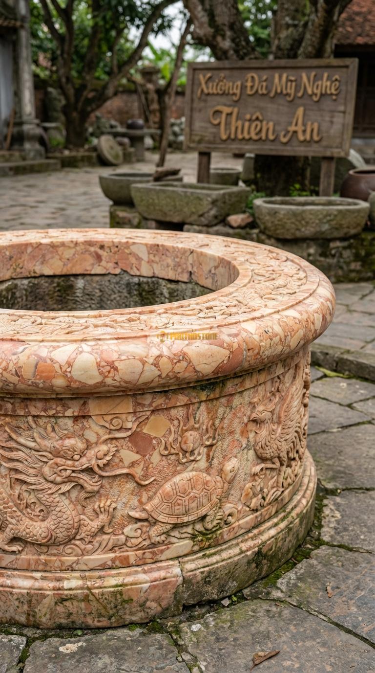 Giếng Tròn Tứ Linh Đá Hồng Chạm rồng phượng (Long Lân Quy Phụng) chạy vòng quanh, Kích thước đường kính 150cm x Cao 100cm