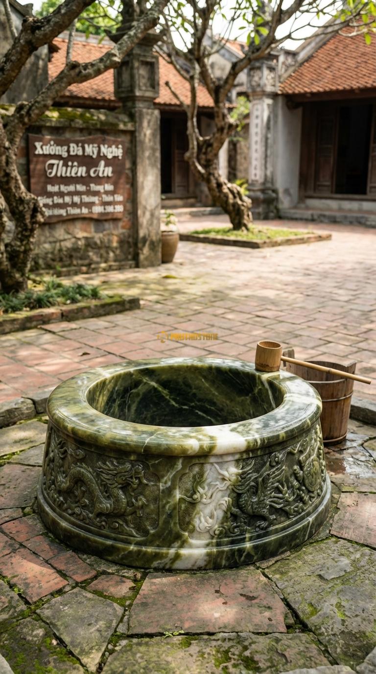 Giếng Tròn Tứ Linh Đá Serpentine Chạm rồng phượng (Long Lân Quy Phụng) chạy vòng quanh, Kích thước đường kính 150cm x Cao 100cm