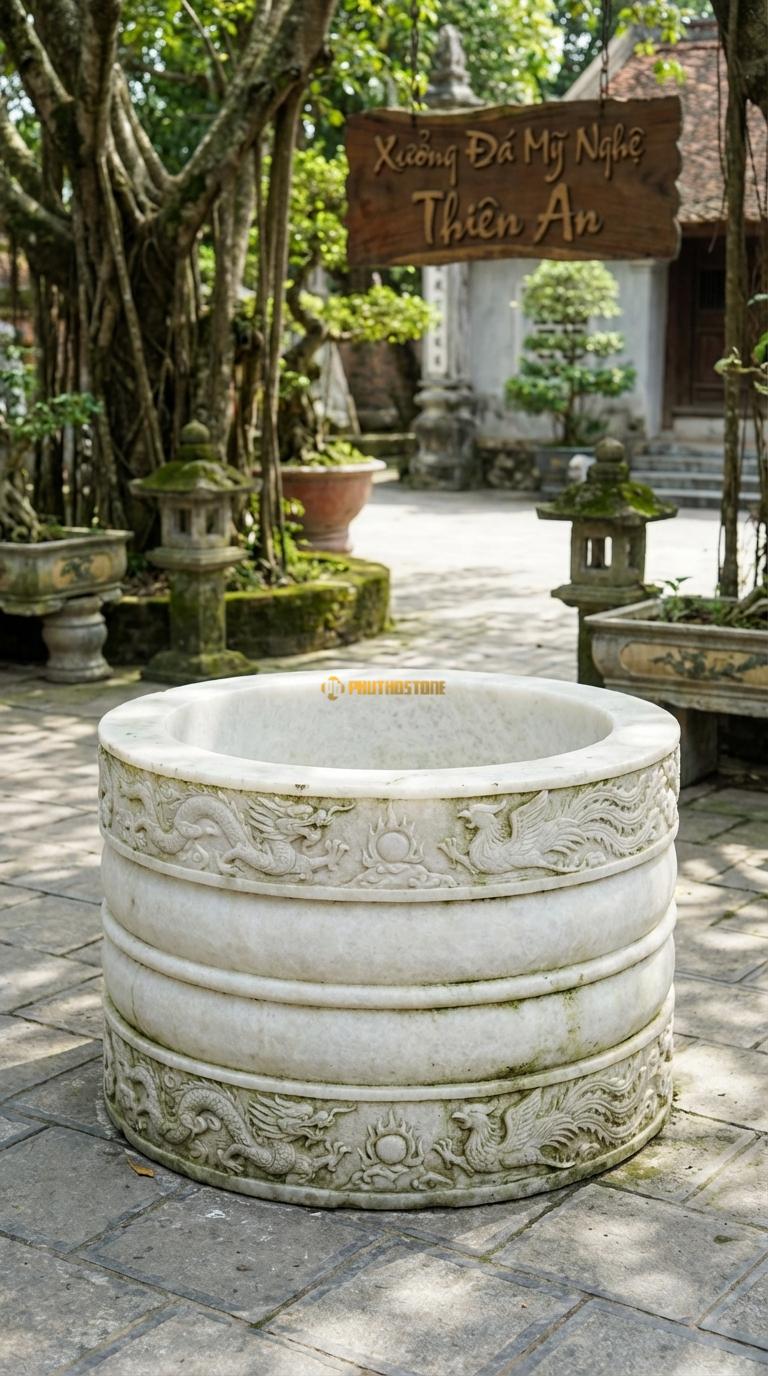 Giếng Tròn Tứ Linh Đá Trắng Muối Chạm rồng phượng (Long Lân Quy Phụng) chạy vòng quanh, Kích thước đường kính 150cm x Cao 100cm