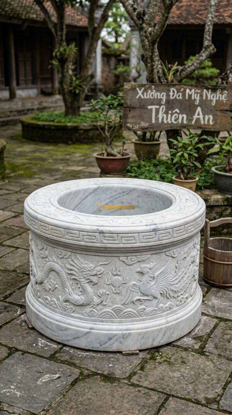 Giếng Tròn Tứ Linh Đá Trắng Yên Bái Chạm rồng phượng (Long Lân Quy Phụng) chạy vòng quanh, Kích thước đường kính 150cm x Cao 100cm