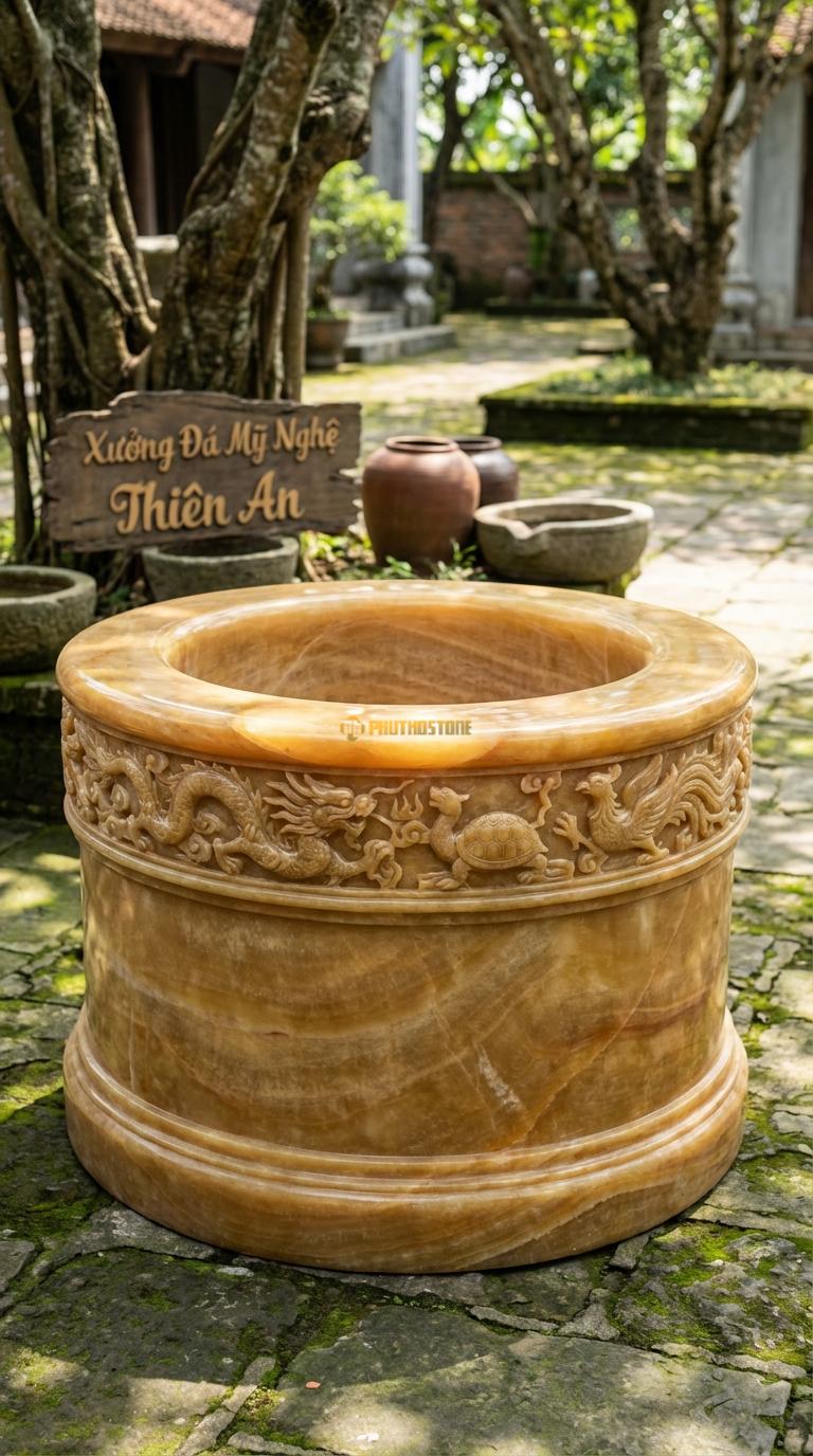 Giếng Tròn Tứ Linh Ngọc hoàng long Chạm rồng phượng (Long Lân Quy Phụng) chạy vòng quanh, Kích thước đường kính 150cm x Cao 100cm