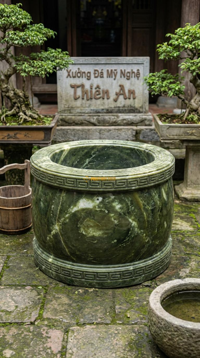 Giếng Vành Tang Triện Đá Serpentine Thân trơn, chỉ chạm viền hoa văn Triện Tàu ở mép trên/dưới, Kích thước đường kính 100cm x Cao 60cm