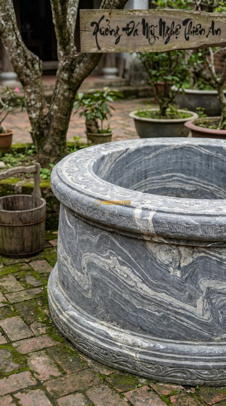 Giếng Vành Tang Triện Đá Vân Mây Thân trơn, chỉ chạm viền hoa văn Triện Tàu ở mép trên/dưới, Kích thước đường kính 100cm x Cao 60cm