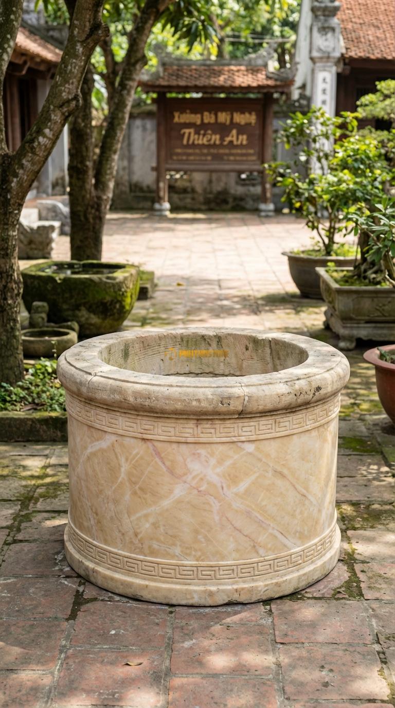 Giếng Vành Tang Triện Đá Vàng Nghệ An Thân trơn, chỉ chạm viền hoa văn Triện Tàu ở mép trên/dưới, Kích thước đường kính 100cm x Cao 60cm