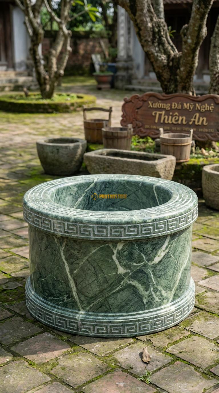 Giếng Vành Tang Triện Đá Xanh Ấn Thân trơn, chỉ chạm viền hoa văn Triện Tàu ở mép trên/dưới, Kích thước đường kính 100cm x Cao 60cm