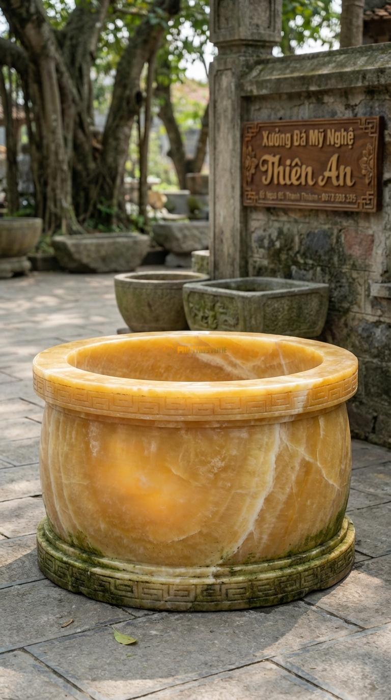 Giếng Vành Tang Triện Ngọc hoàng long Thân trơn, chỉ chạm viền hoa văn Triện Tàu ở mép trên/dưới, Kích thước đường kính 100cm x Cao 60cm