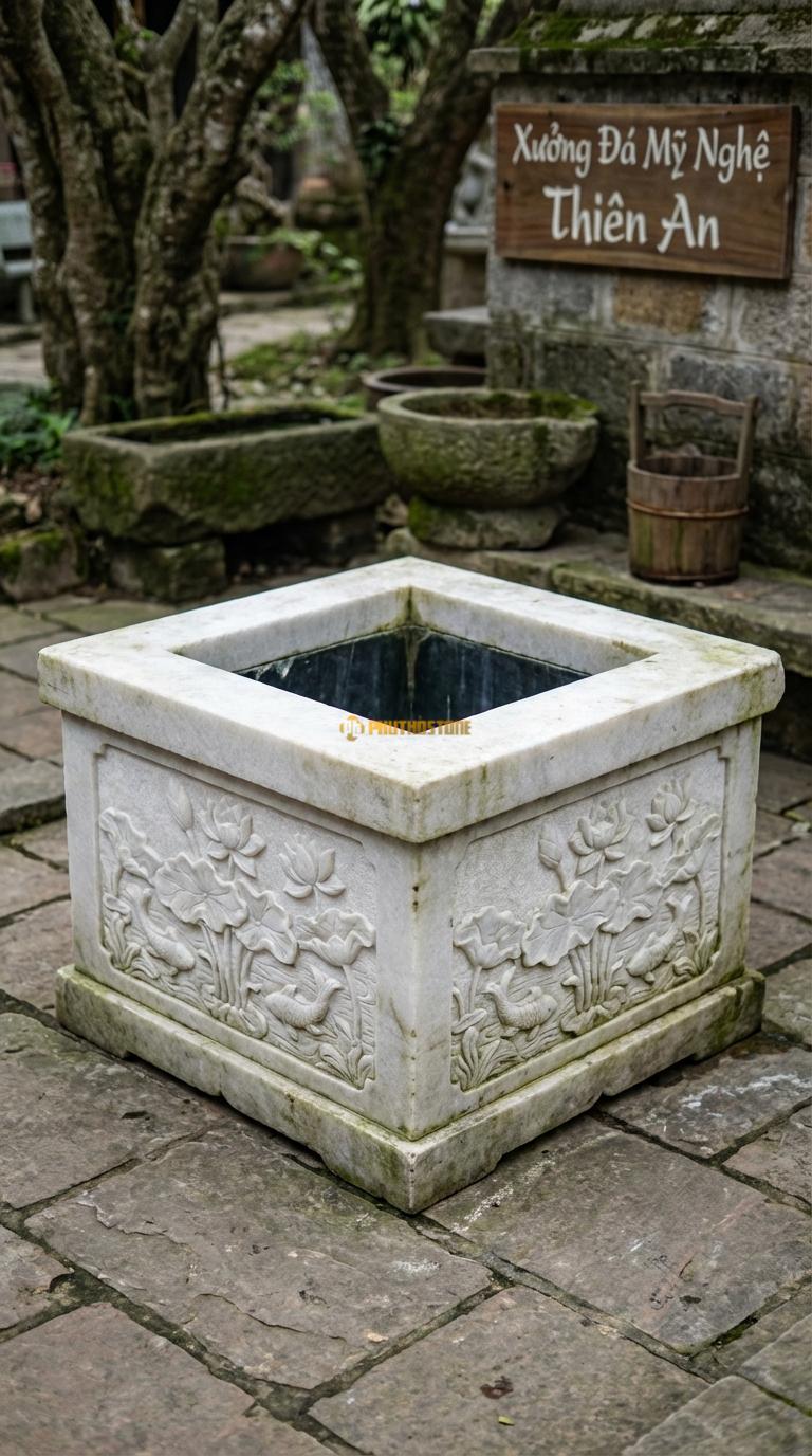 Giếng Vuông Chạm Đầm Sen Đá Trắng Muối 4 mặt chạm cảnh hồ sen, cá chép (Liên Hoa Cát Tường), Kích thước Vuông 120cm x Cao 90cm