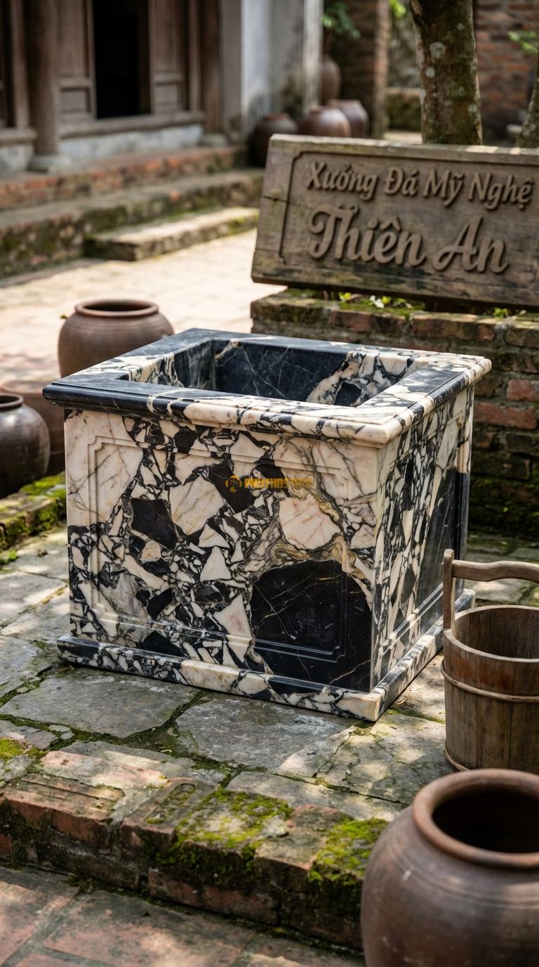 Giếng Vuông Cổ Điển Đá Da Báo Mặt trơn, chỉ chạm khung viền nổi (pano) đơn giản, Kích thước Vuông 80cm x Cao 60cm