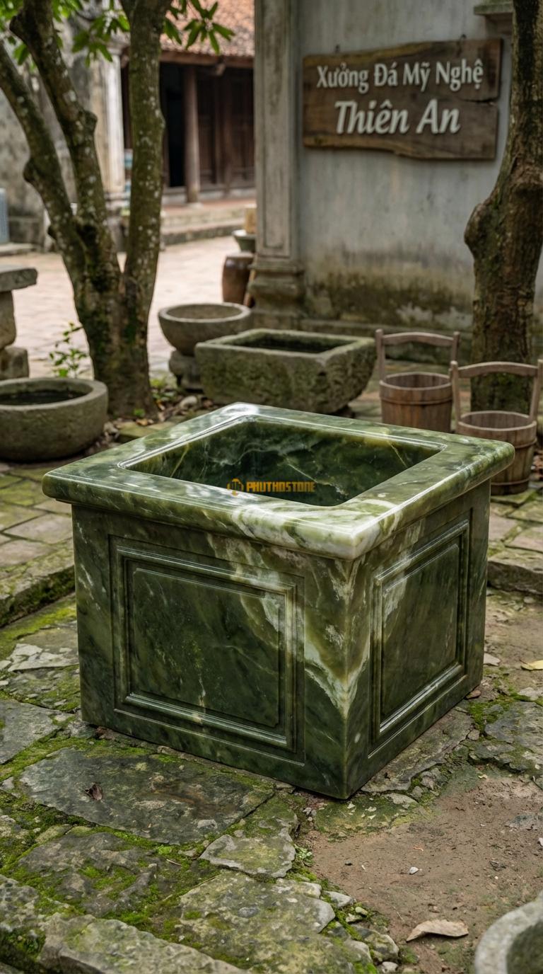 Giếng Vuông Cổ Điển Đá Serpentine Mặt trơn, chỉ chạm khung viền nổi (pano) đơn giản, Kích thước Vuông 80cm x Cao 60cm