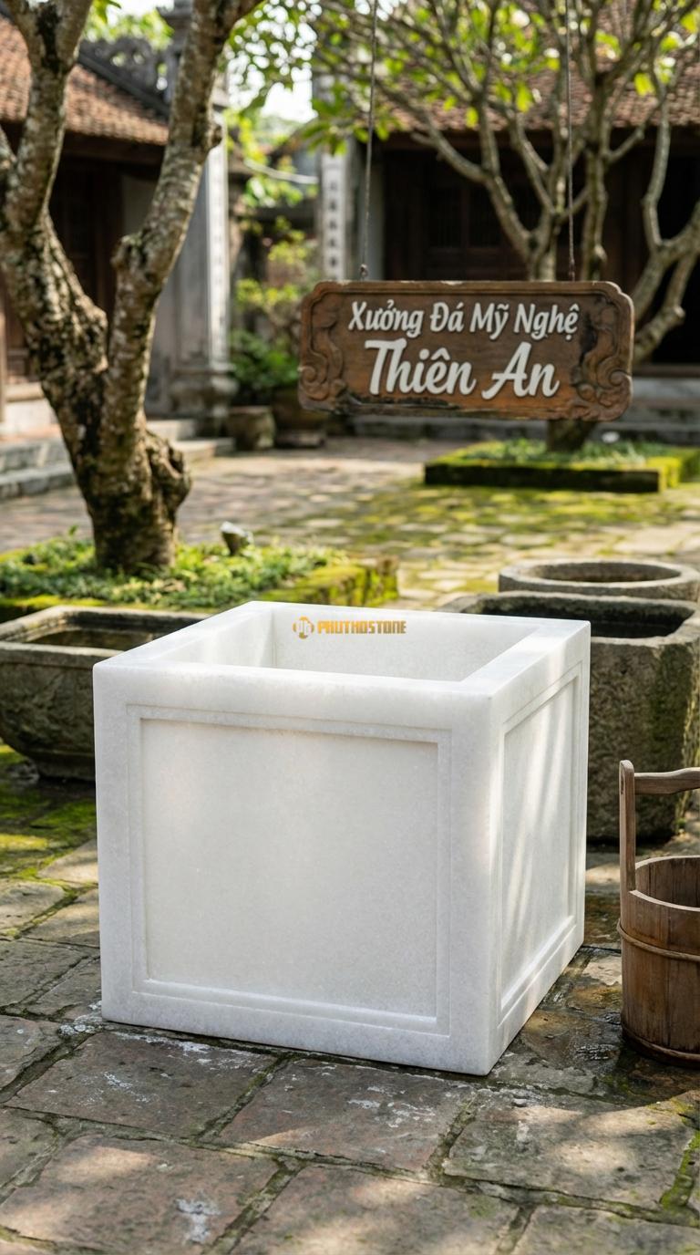 Giếng Vuông Cổ Điển Đá Trắng Muối Mặt trơn, chỉ chạm khung viền nổi (pano) đơn giản, Kích thước Vuông 80cm x Cao 60cm