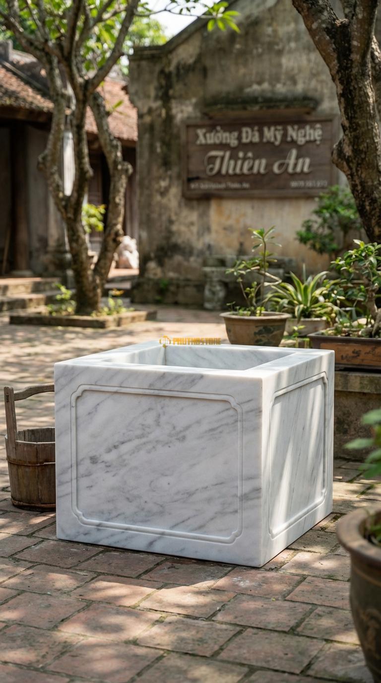 Giếng Vuông Cổ Điển Đá Trắng Yên Bái Mặt trơn, chỉ chạm khung viền nổi (pano) đơn giản, Kích thước Vuông 80cm x Cao 60cm