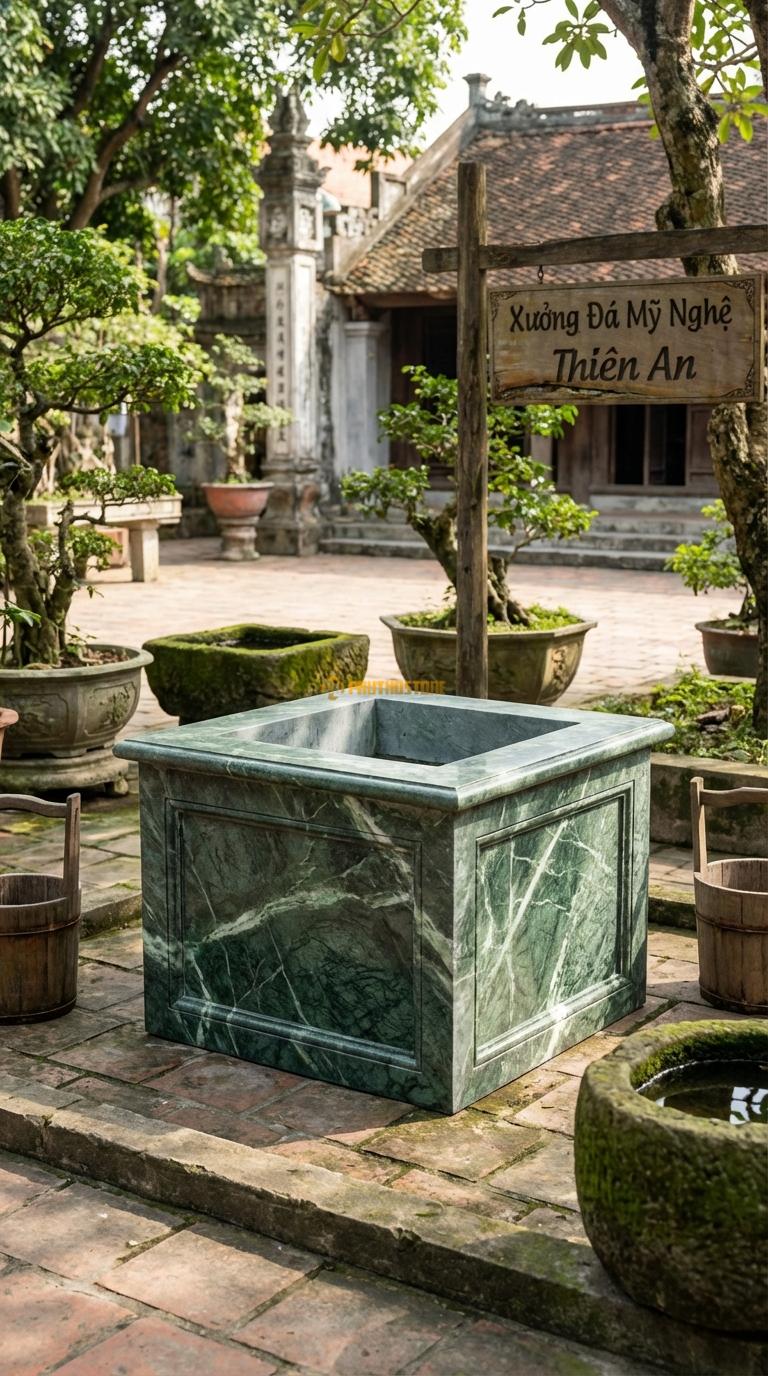 Giếng Vuông Cổ Điển Đá Xanh Ấn Mặt trơn, chỉ chạm khung viền nổi (pano) đơn giản, Kích thước Vuông 80cm x Cao 60cm