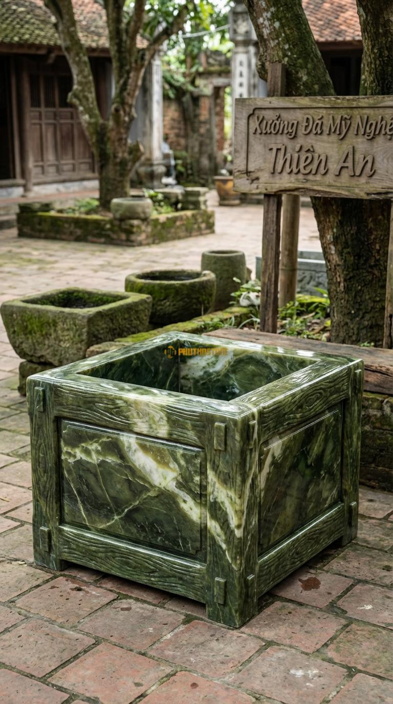 Giếng Vuông Giả Gỗ Đá Serpentine Tạo hình vân gỗ, các góc mô phỏng mộng gỗ, Kích thước Vuông 100cm x Cao 70cm