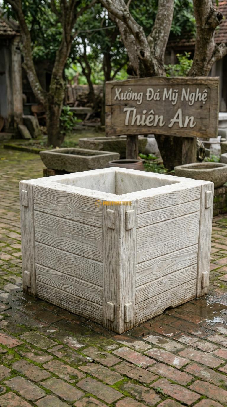 Giếng Vuông Giả Gỗ Đá Trắng Muối Tạo hình vân gỗ, các góc mô phỏng mộng gỗ, Kích thước Vuông 100cm x Cao 70cm