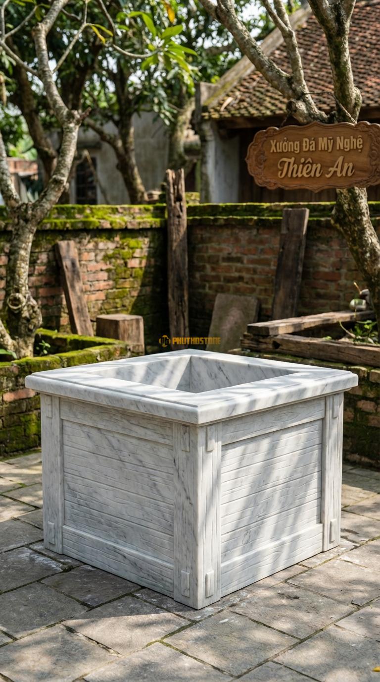 Giếng Vuông Giả Gỗ Đá Trắng Yên Bái Tạo hình vân gỗ, các góc mô phỏng mộng gỗ, Kích thước Vuông 100cm x Cao 70cm