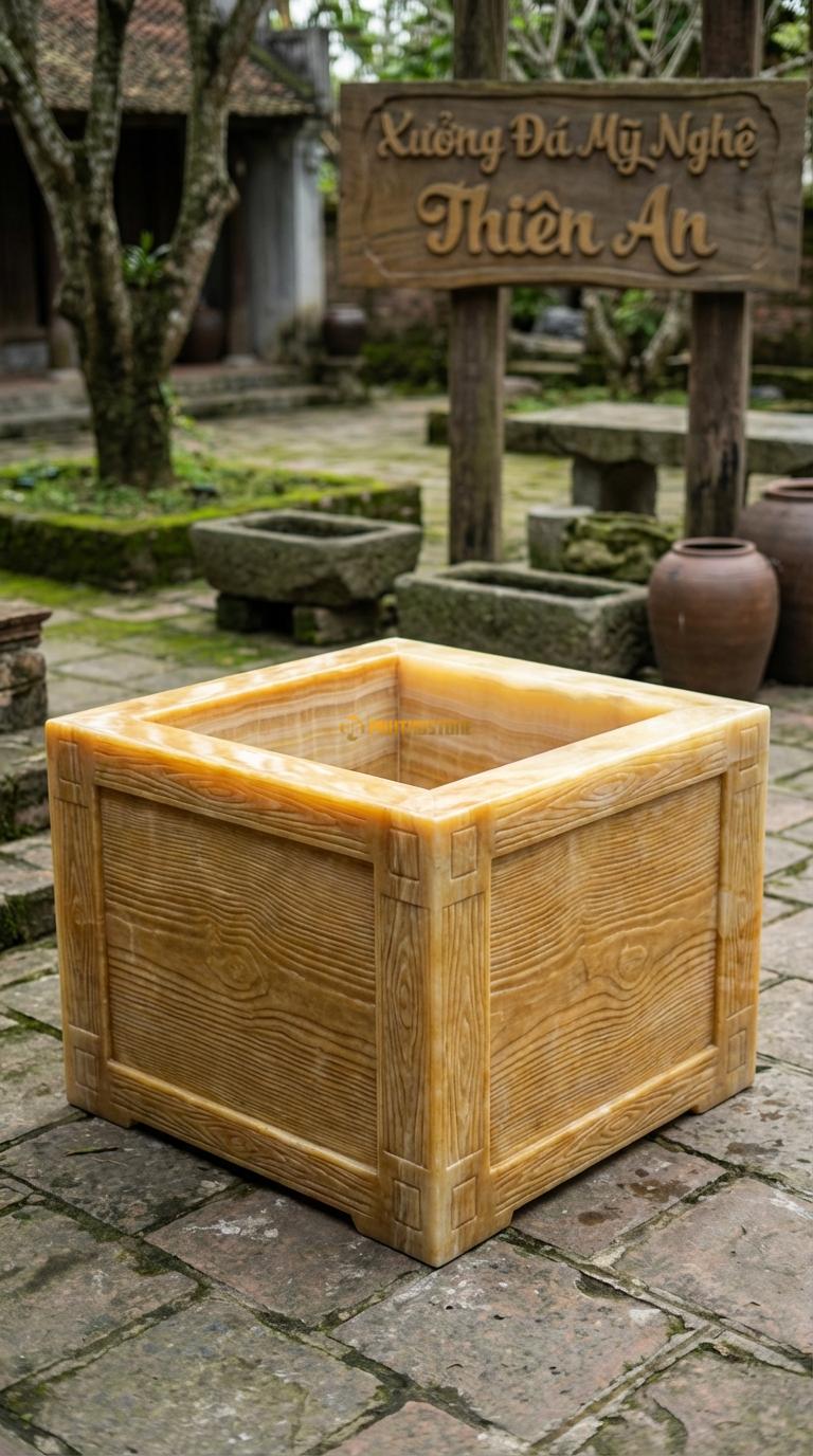 Giếng Vuông Giả Gỗ Ngọc hoàng long Tạo hình vân gỗ, các góc mô phỏng mộng gỗ, Kích thước Vuông 100cm x Cao 70cm