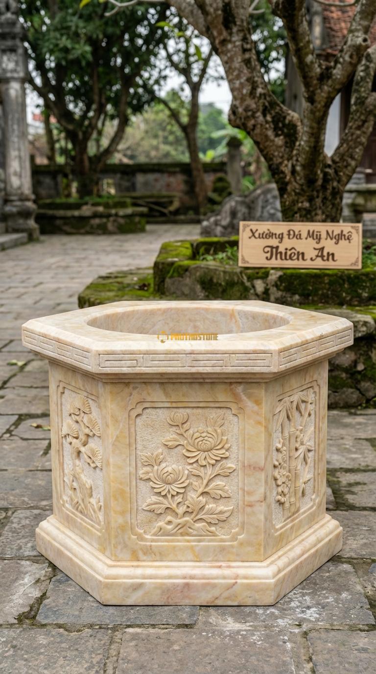 Giếng Vuông Tứ Quý Đá Vàng Nghệ An 4 mặt chạm 4 tranh: Tùng – Cúc – Trúc – Mai, Kích thước Vuông 80cm x Cao 80cm
