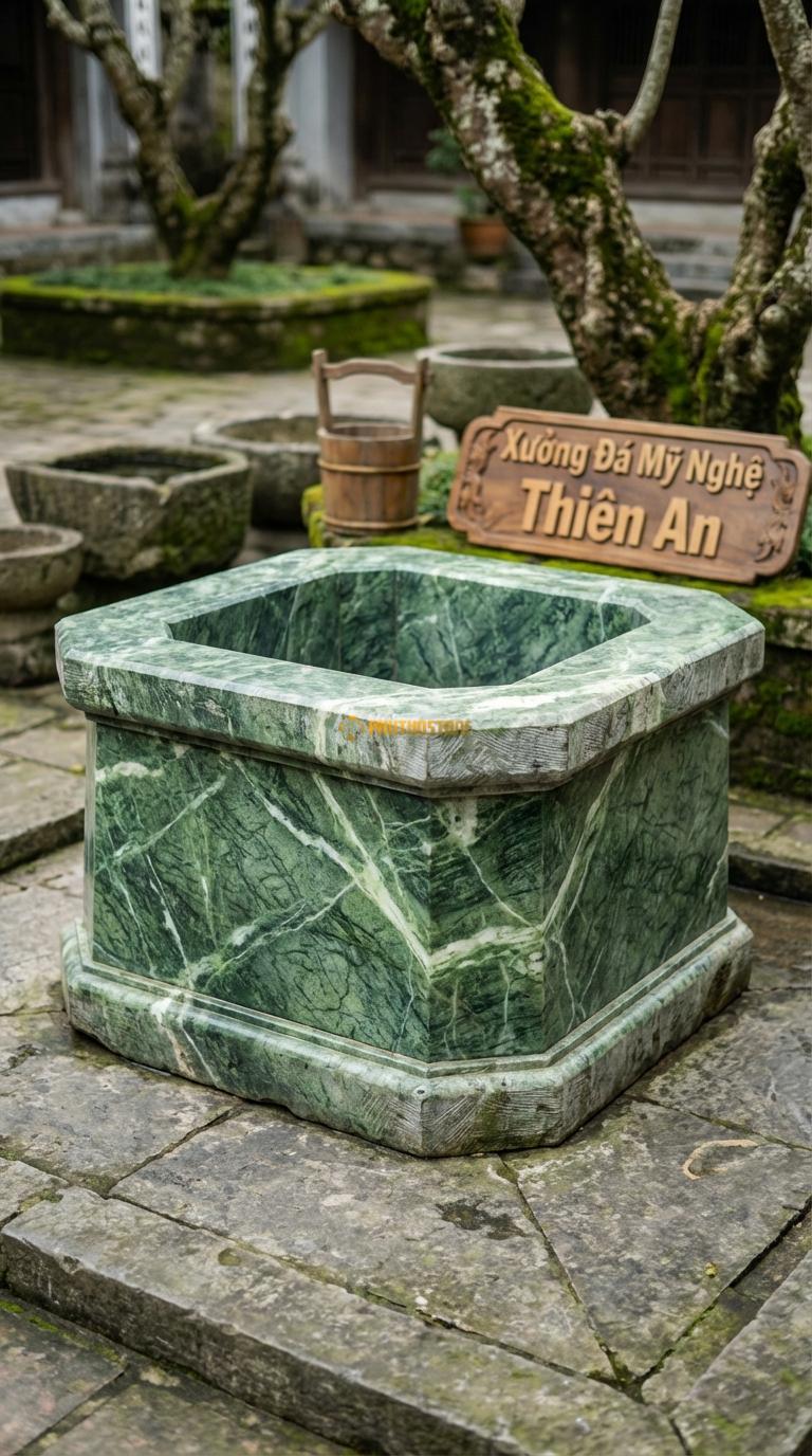 Giếng Vuông Vát Góc Đá Xanh Ấn Hình vuông nhưng vát 4 góc (tạo thành 8 cạnh không đều), Kích thước Vuông 90cm x Cao 75cm