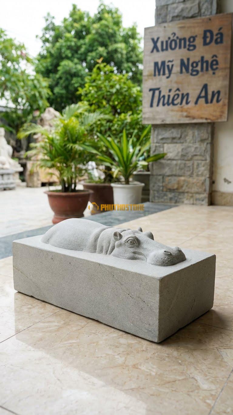 Hà Mã Ngâm Nước Bằng Đá Sa Thạch, Kiểu Dáng Chỉ Thấy Mắt Và Mũi. Kích Thước Dài 30cm.
