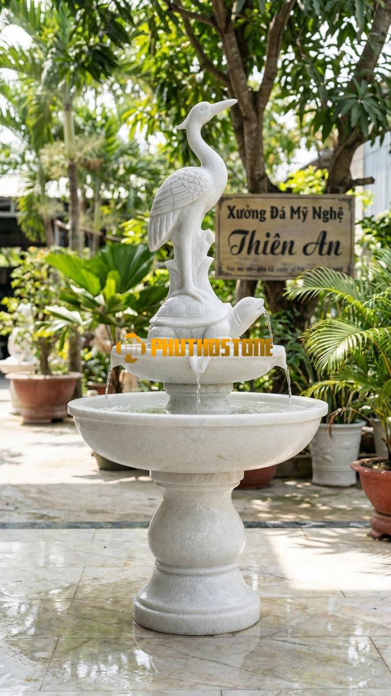 Hạc Đá Đứng Lưng Rùa Phun Nước C1.8M. Chất Liệu Đá Trắng Muối