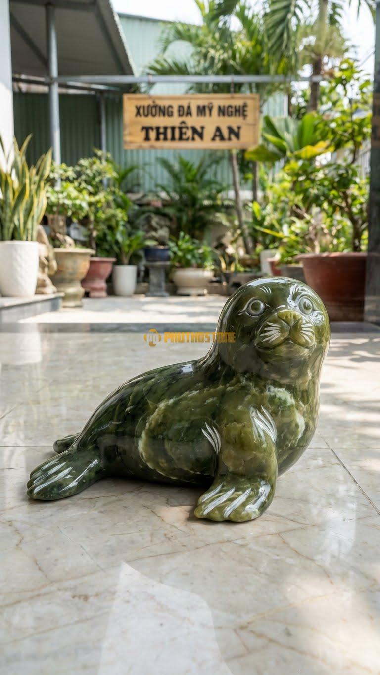 Hải Cẩu Con (Baby Seal) Bằng Đá Serpentine, Kiểu Dáng Mắt To Tròn, Lông Trắng. Kích Thước Dài 20cm.