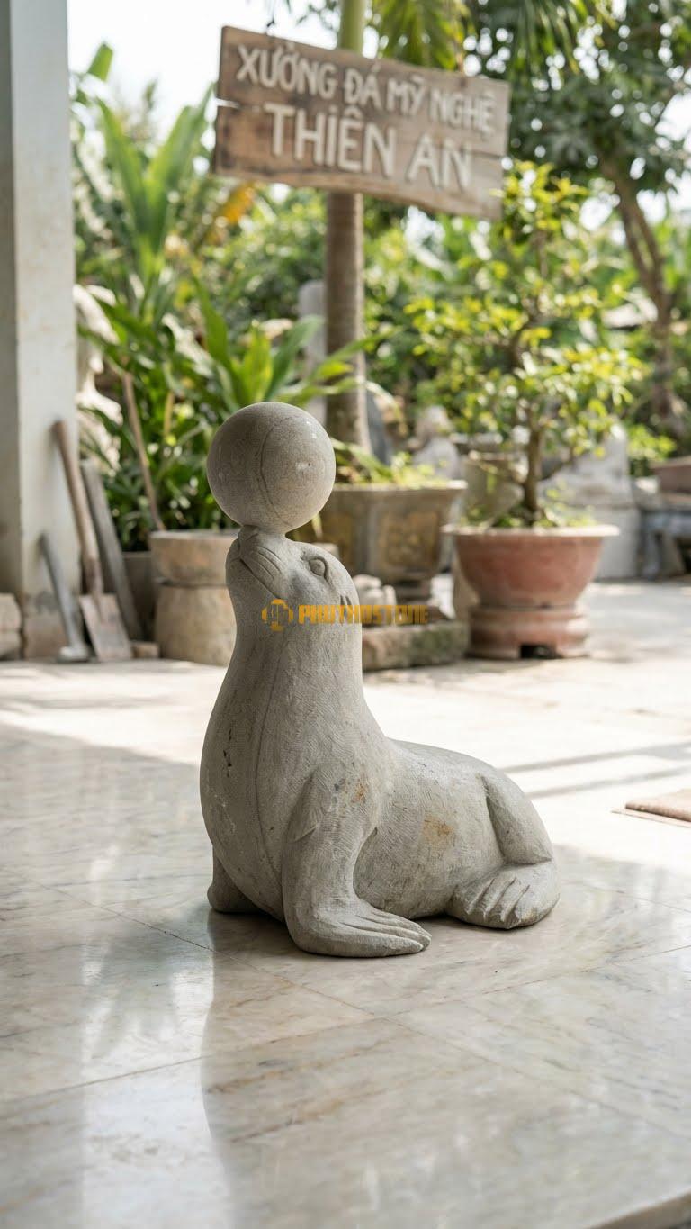 Hải Cẩu Đội Bóng Bằng Đá Sa Thạch, Kiểu Dáng Mũi Cân Bằng Quả Bóng. Kích Thước Cao 30cm.