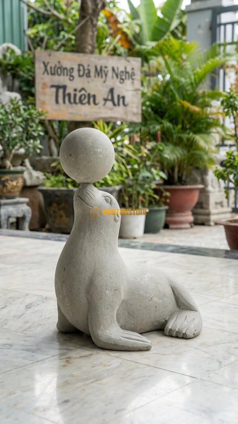Hải Cẩu Đội Bóng Bằng Đá Sa Thạch, Kiểu Dáng Mũi Cân Bằng Quả Bóng. Kích Thước Cao 30cm.