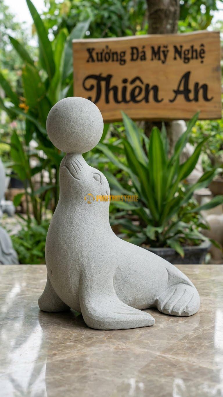 Hải Cẩu Đội Bóng Bằng Đá Sa Thạch, Kiểu Dáng Mũi Cân Bằng Quả Bóng. Kích Thước Cao 30cm.