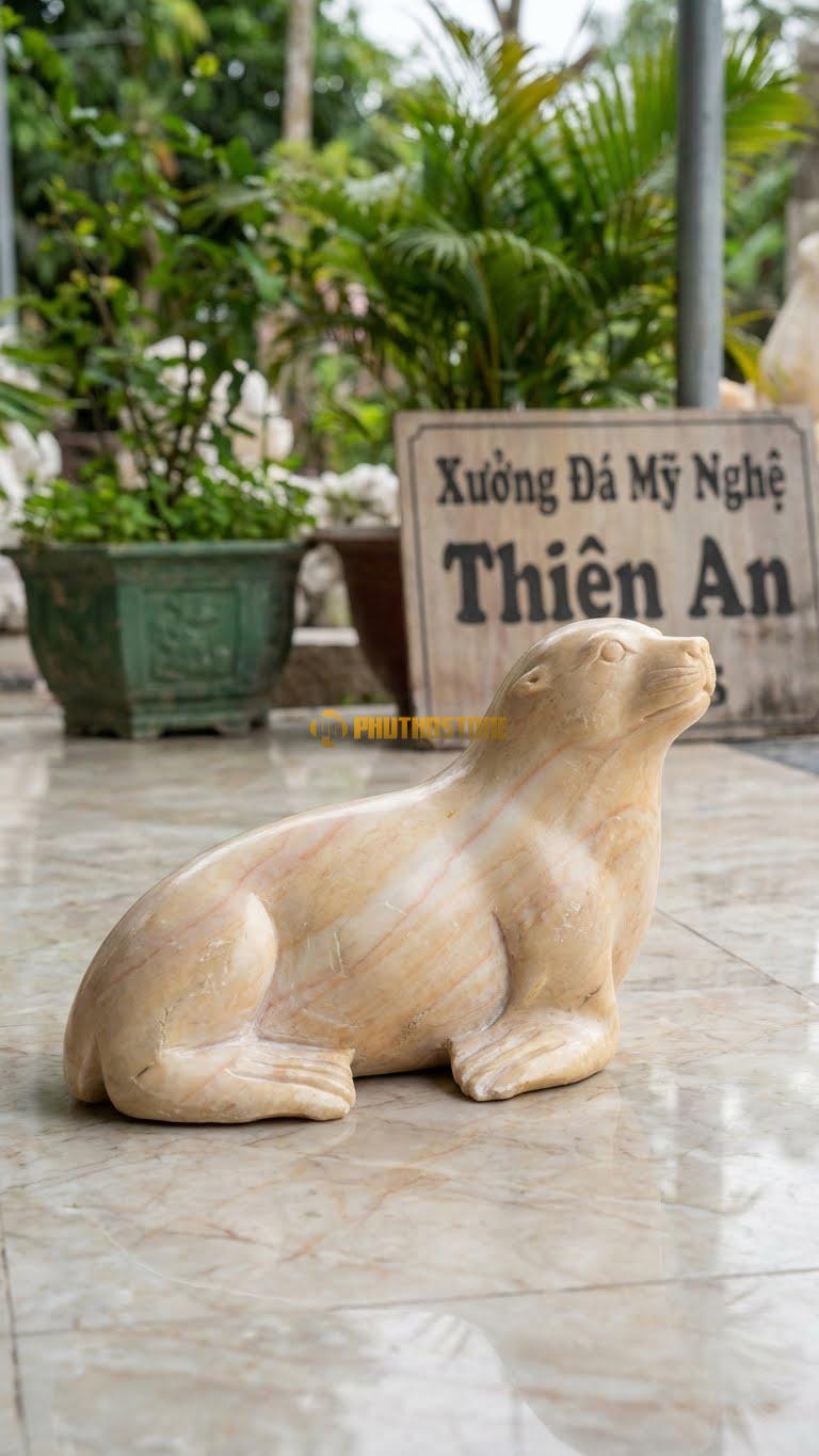 Hải Cẩu Nằm Nghiêng Bằng Đá Vàng Nghệ An, Kiểu Dáng Dáng Sexy/Thư Giãn. Kích Thước Dài 30cm.