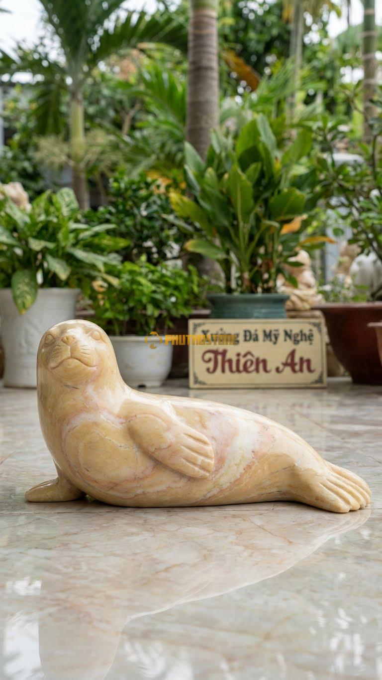 Hải Cẩu Nằm Nghiêng Bằng Đá Vàng Nghệ An, Kiểu Dáng Dáng Sexy/Thư Giãn. Kích Thước Dài 30cm.