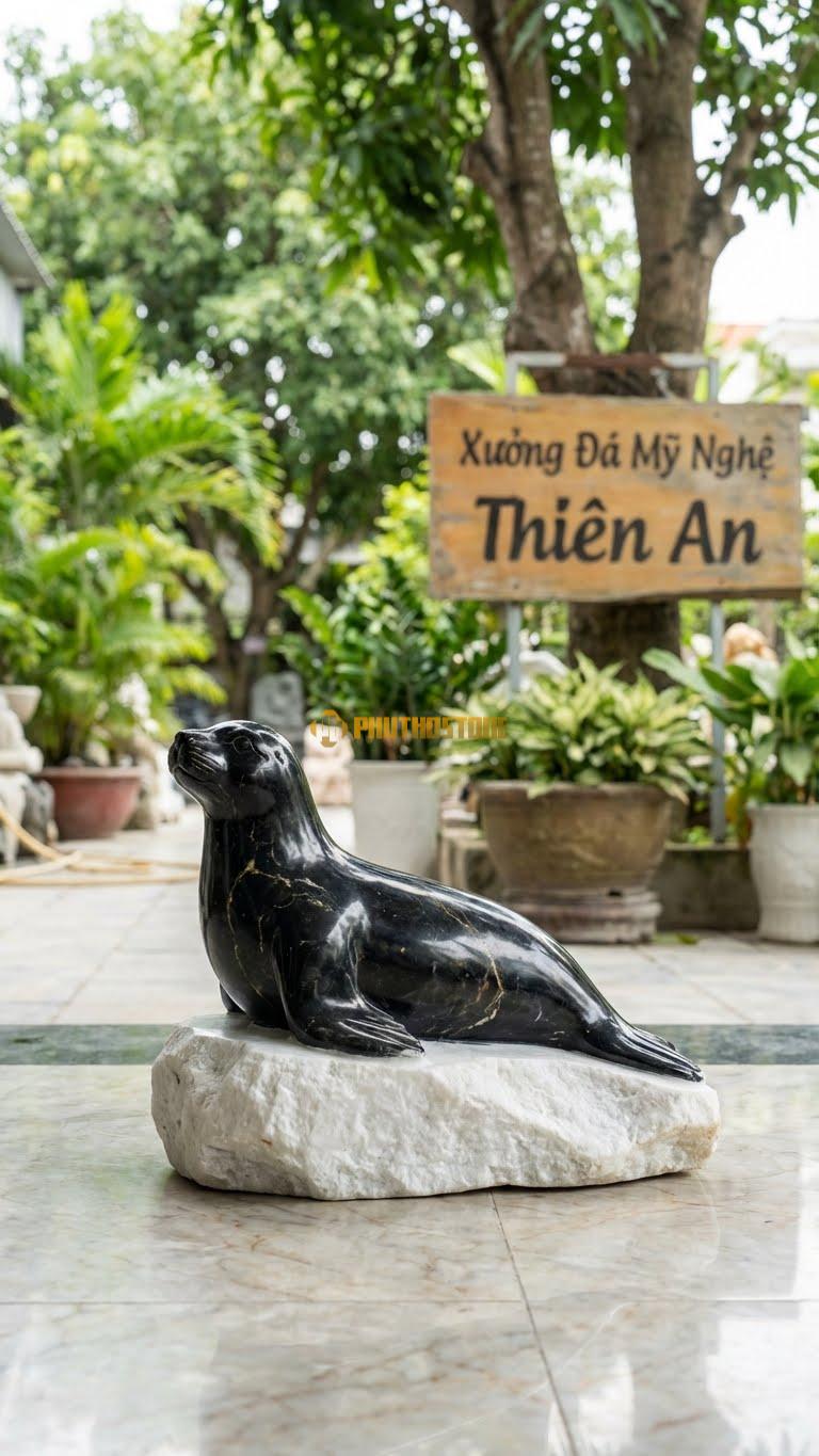 Hải Cẩu Trên Tảng Băng Bằng Đá Đen Chỉ Nâu, Kiểu Dáng Đế Đá Trắng Gồ Ghề. Kích Thước Dài 35cm.