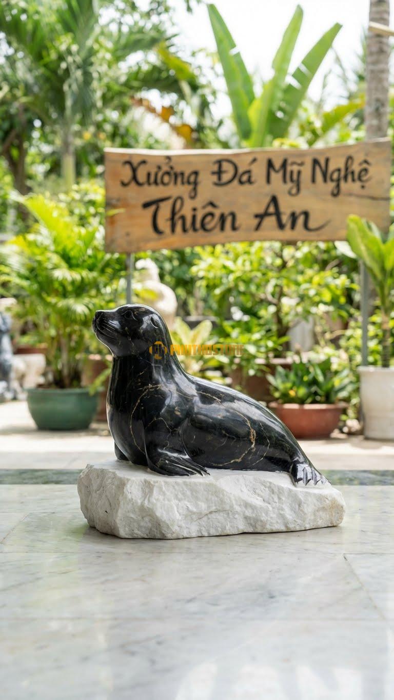 Hải Cẩu Trên Tảng Băng Bằng Đá Đen Chỉ Nâu, Kiểu Dáng Đế Đá Trắng Gồ Ghề. Kích Thước Dài 35cm.