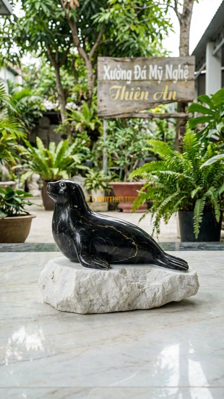 Hải Cẩu Trên Tảng Băng Bằng Đá Đen Chỉ Nâu, Kiểu Dáng Đế Đá Trắng Gồ Ghề. Kích Thước Dài 35cm.