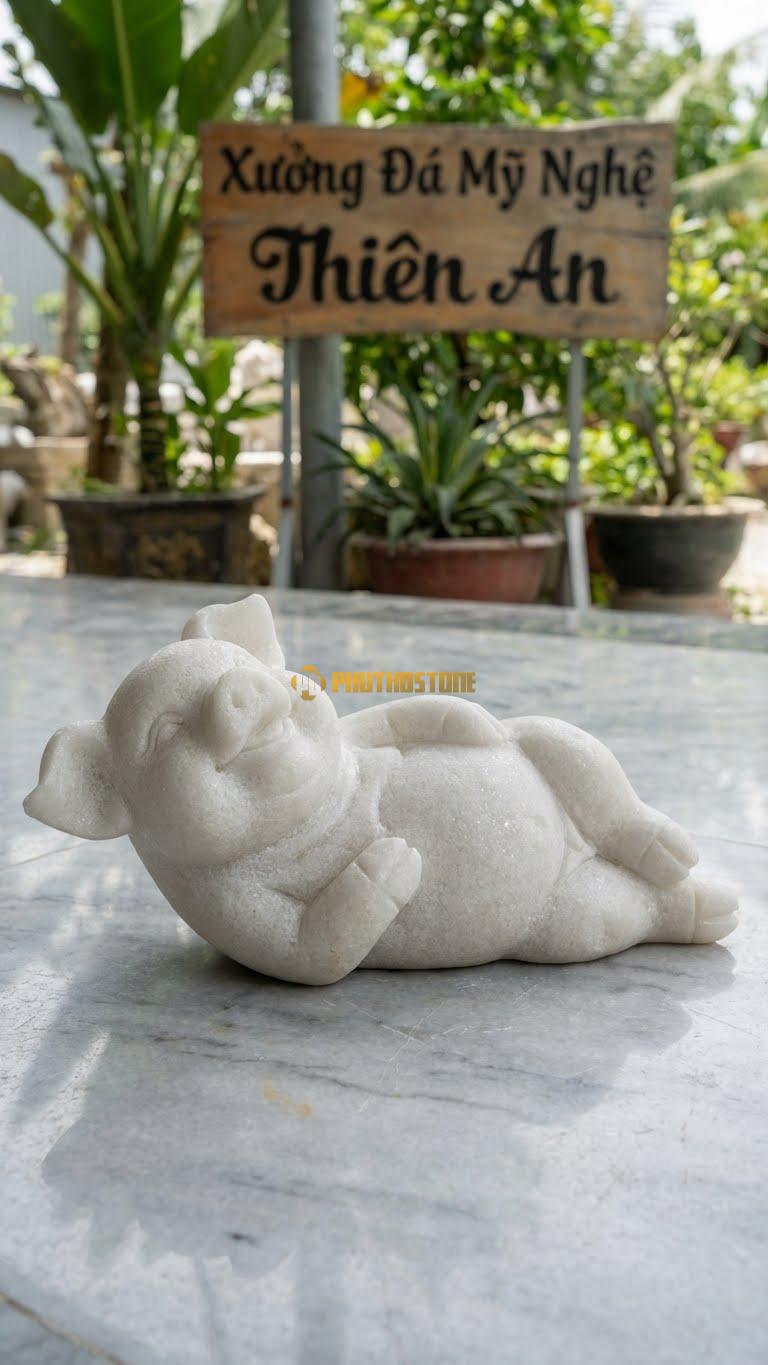 Heo Ăn No Bằng Đá Trắng Muối, Kiểu Dáng Dáng Nằm Ngửa Bụng Thư Giãn. Kích Thước Dài 25cm.