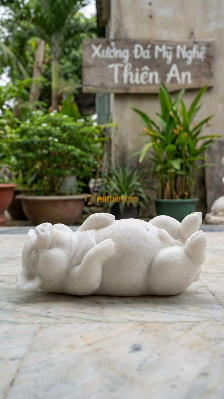 Heo Ăn No Bằng Đá Trắng Muối, Kiểu Dáng Dáng Nằm Ngửa Bụng Thư Giãn. Kích Thước Dài 25cm.