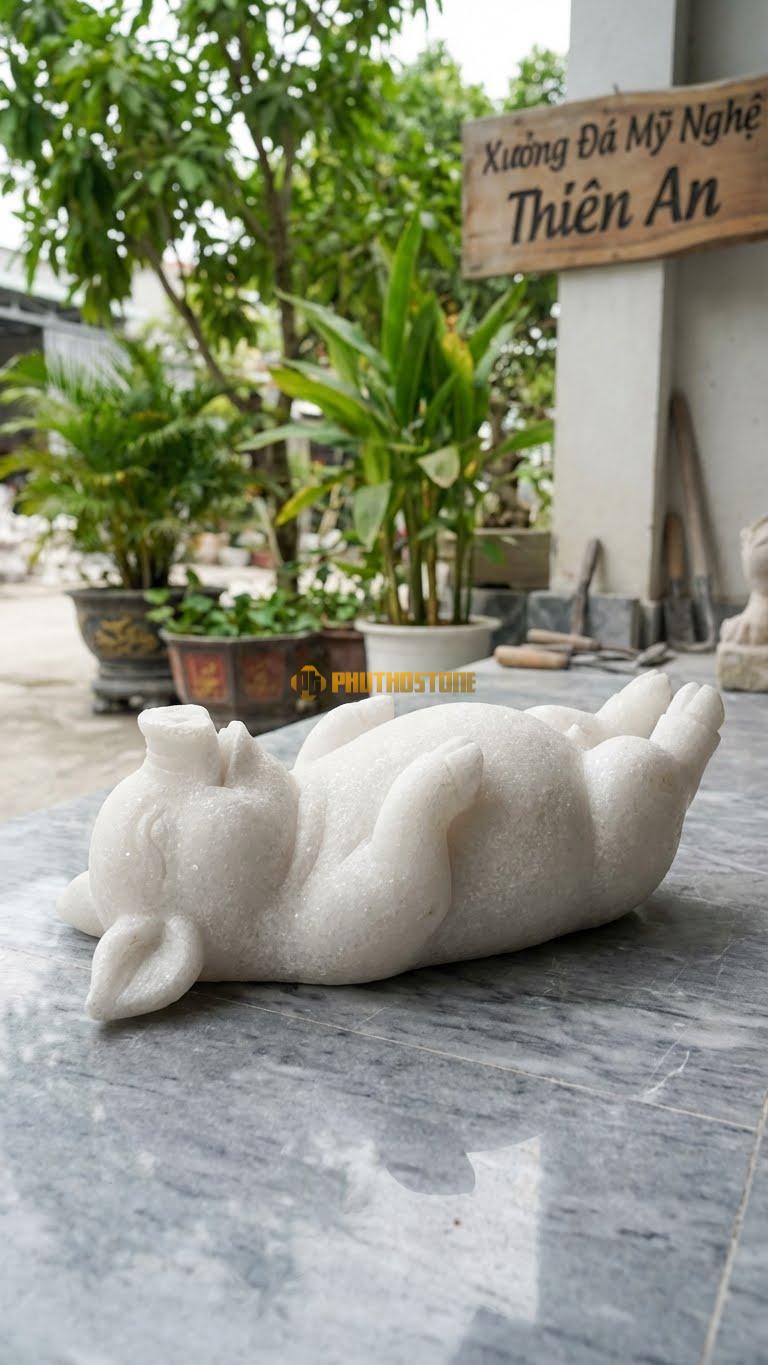 Heo Ăn No Bằng Đá Trắng Muối, Kiểu Dáng Dáng Nằm Ngửa Bụng Thư Giãn. Kích Thước Dài 25cm.
