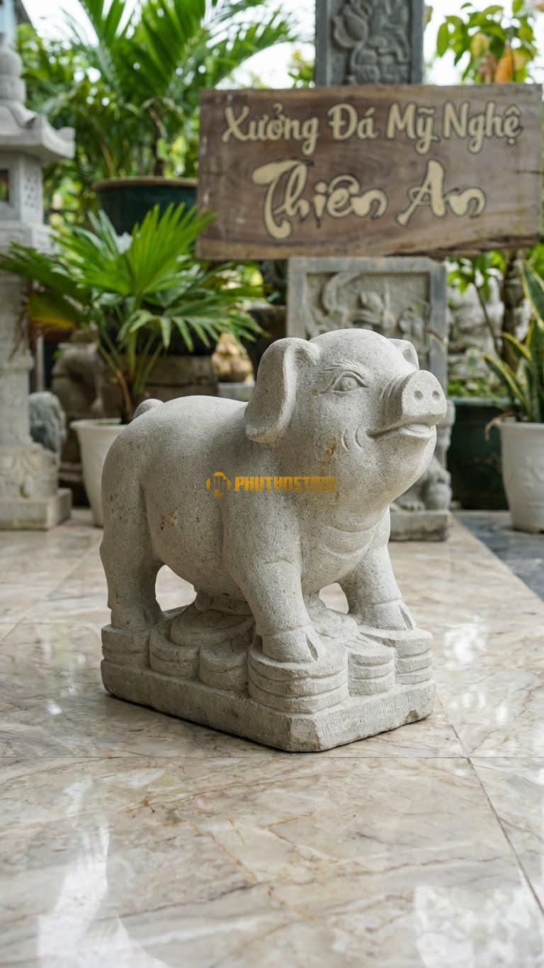 Heo Đứng Trên Núi Tiền Bằng Đá Sa Thạch, Kiểu Dáng Kích Thước Cao 30cm.