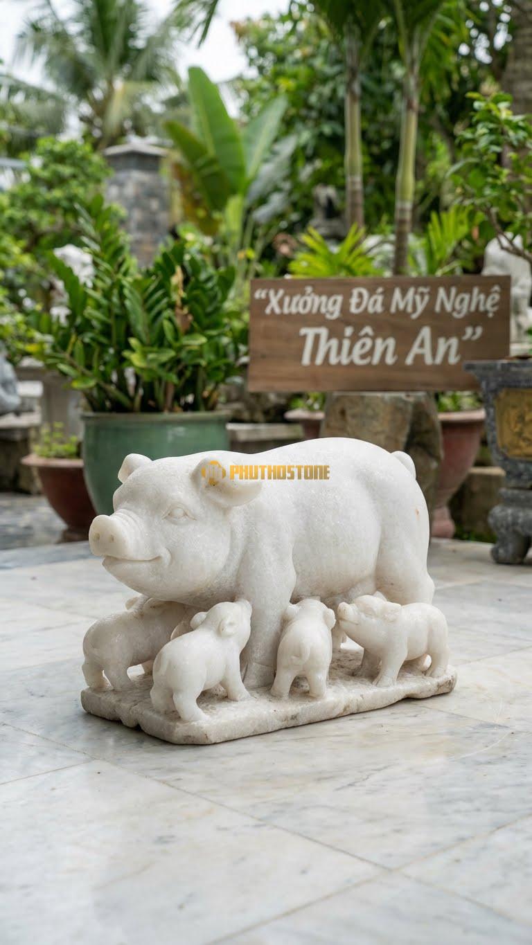 Heo Nái Mẹ Con (Đàn Heo Âm Dương) Bằng Đá Trắng Muối, Kiểu Dáng Heo Mẹ Và 5 Heo Con. Kích Thước Dài 40cm.