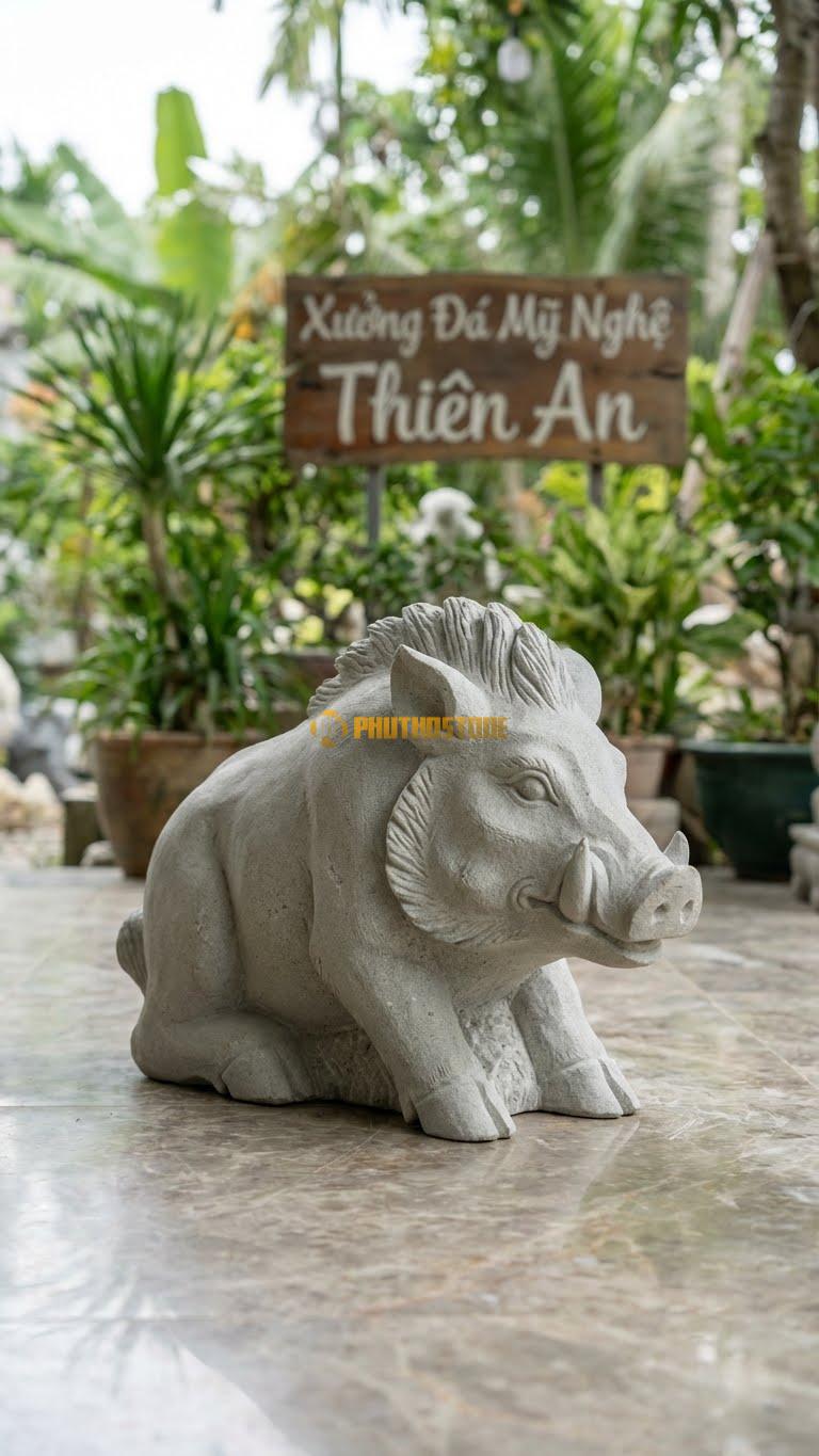 Heo Rừng Bằng Đá Sa Thạch, Kiểu Dáng Có Nanh, Lông Dựng (Mạnh Mẽ Hơn Heo Nhà). Kích Thước Dài 35cm.